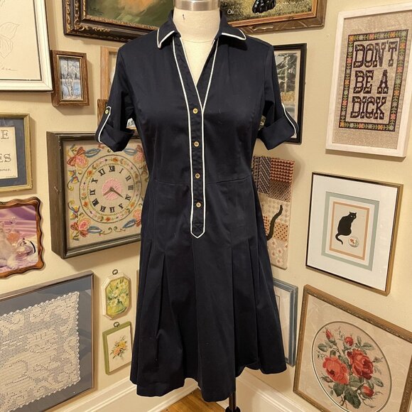 Jones New York Navy Stretch Cotton Blend Button-Front Short Sleeve Dress Size 12 - Picture 1 of 6